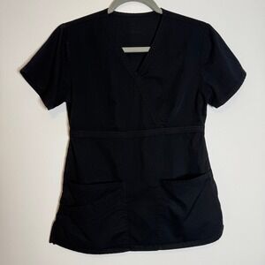 Scrubology Black Scrub Tops (2) and Pants Set V Neck Wrap Front Drawstring Waist